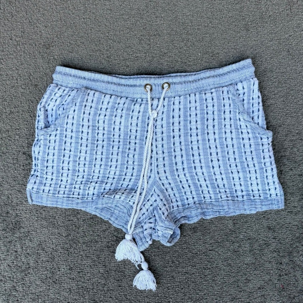 Lilka Blue White Striped Cotton Gauze Tassel Drawstring Shorts Womens Medium